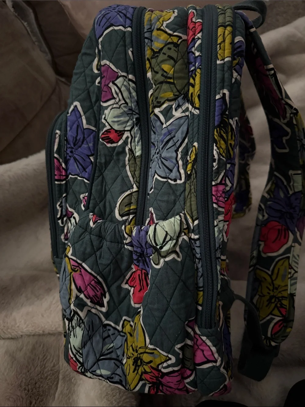 Vera Bradley Quilted Floral Backpack in Gray with Pink, Red, Purple Accents